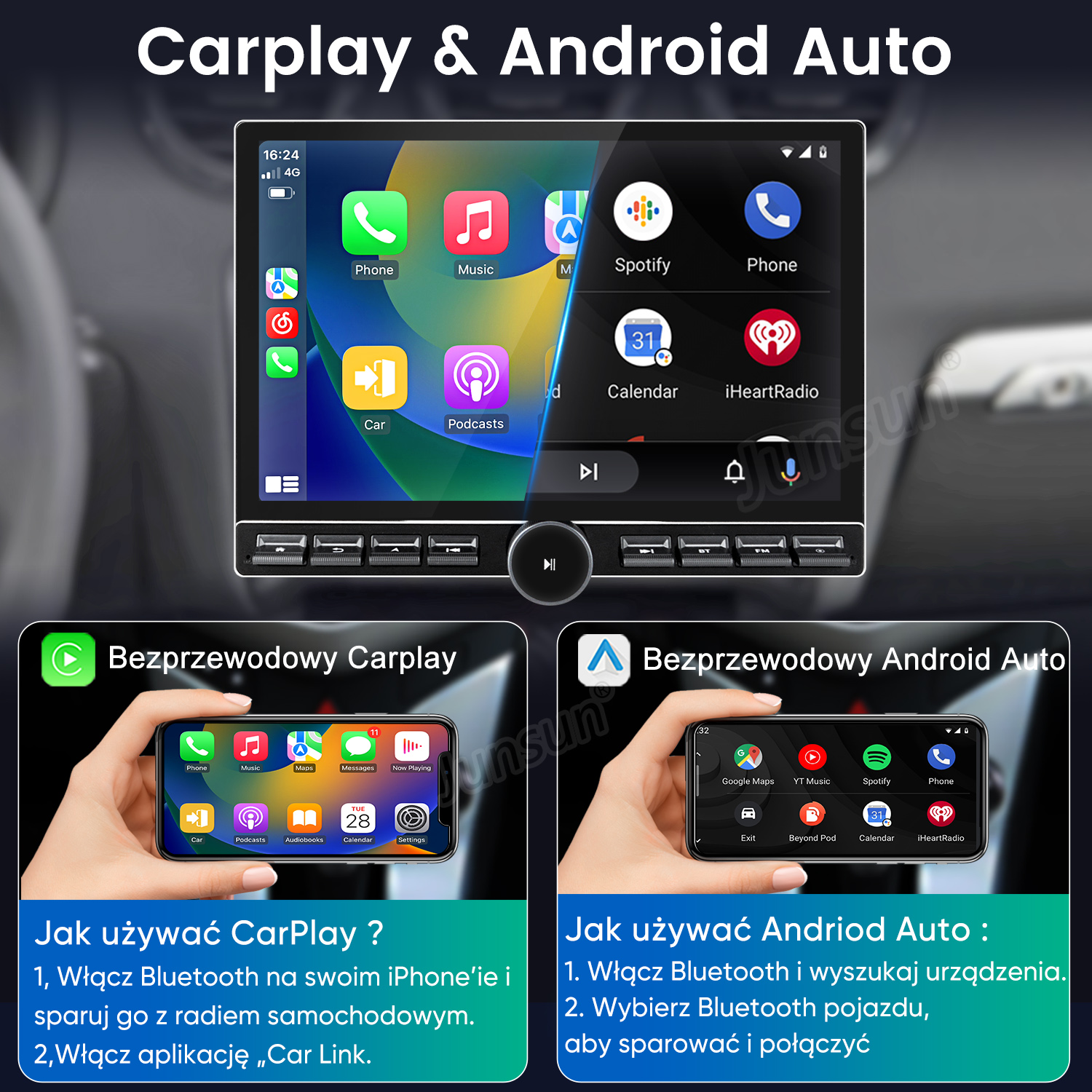 Ekran multimediów samochodowych wyświetla CarPlay i Android Auto z ikonami.