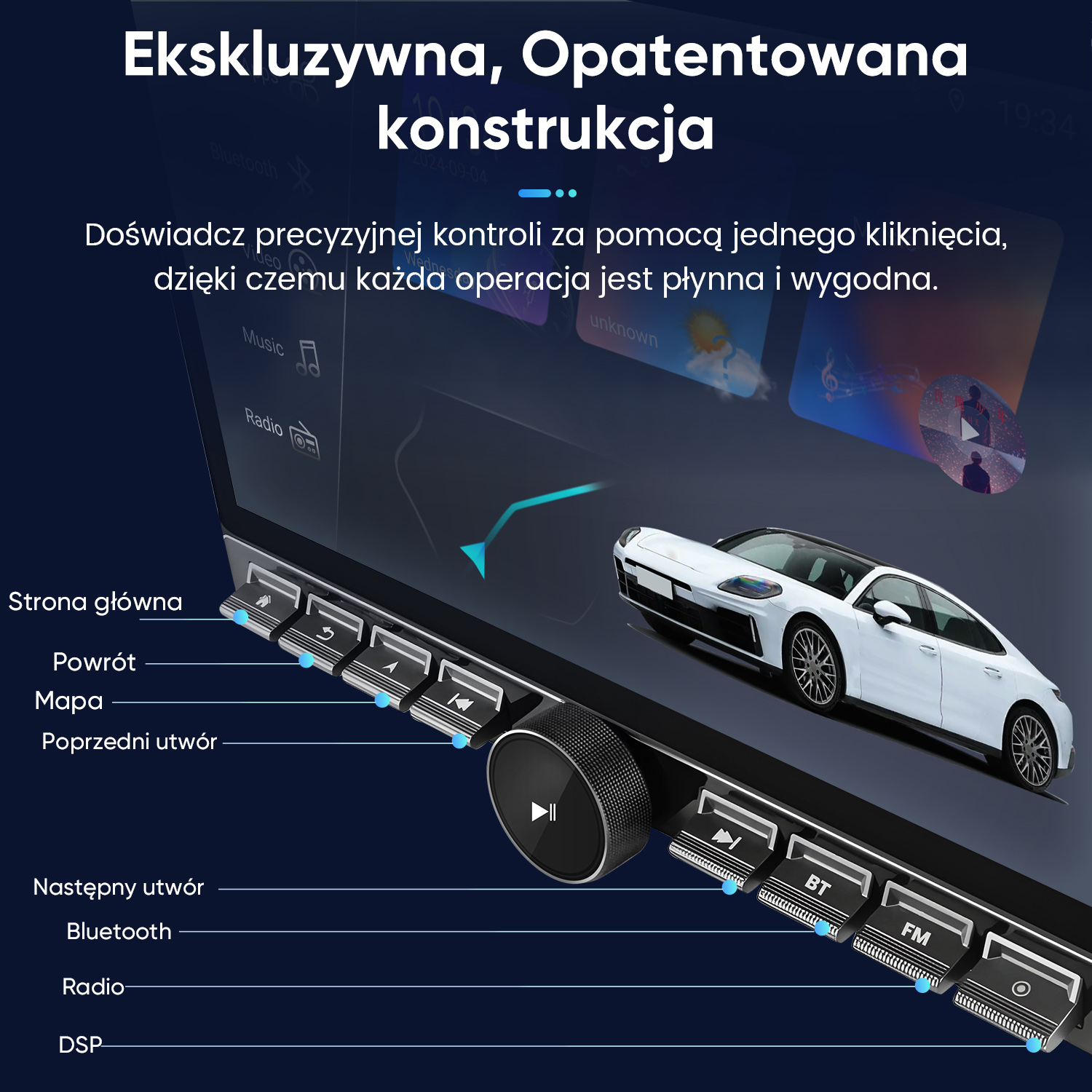 Biały samochód przed ciemnym ekranem z opcjami menu i przyciskami.