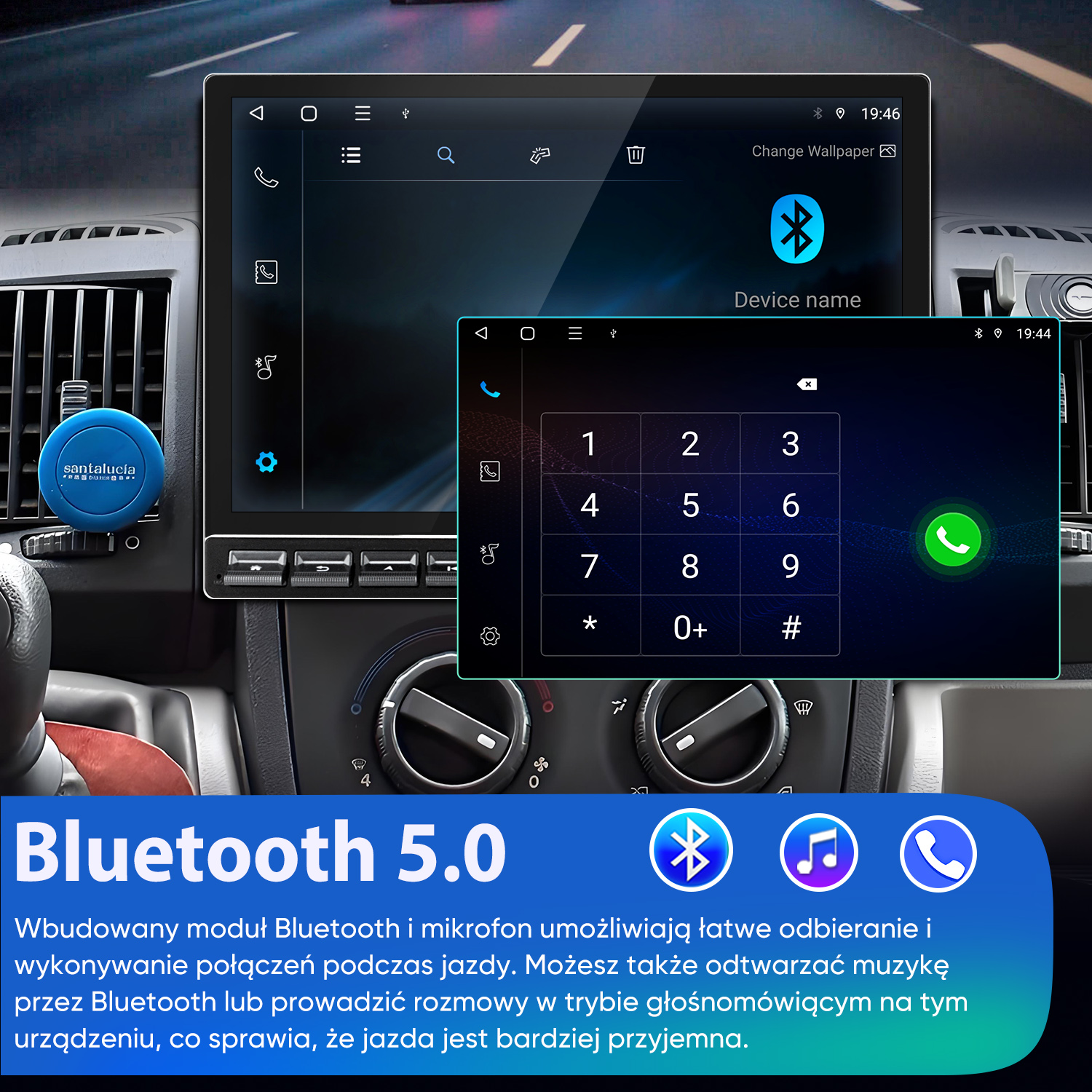 Radio samochodowe z ekranem Bluetooth 5.0 i klawiaturą numeryczną. Niebieski klips.