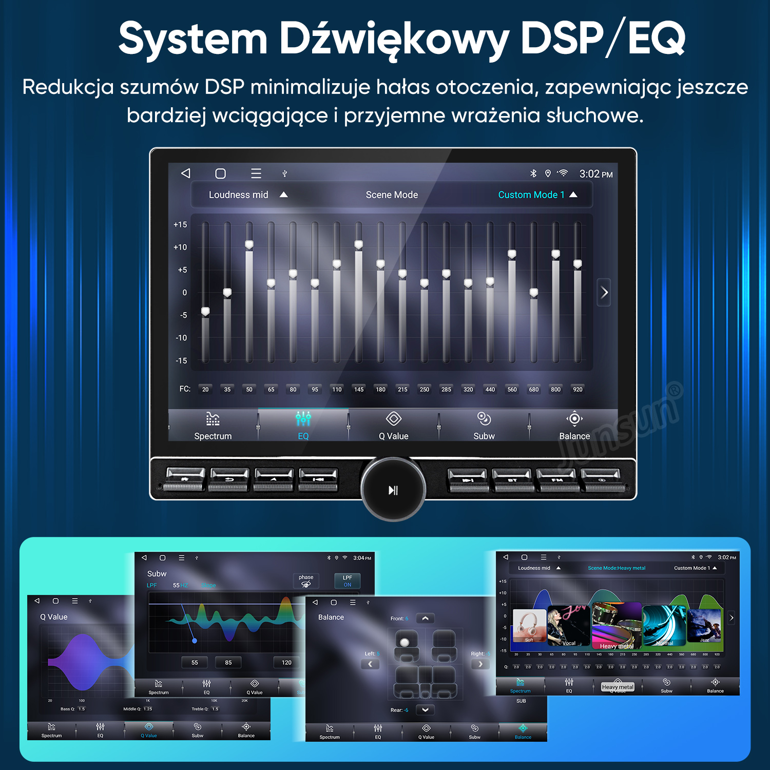 Wyświetlacz samochodowy pokazuje ustawienia korektora z wykresami słupkowymi i opcjami takimi jak Spectrum, EQ, Q Value, Subw i Balance.
