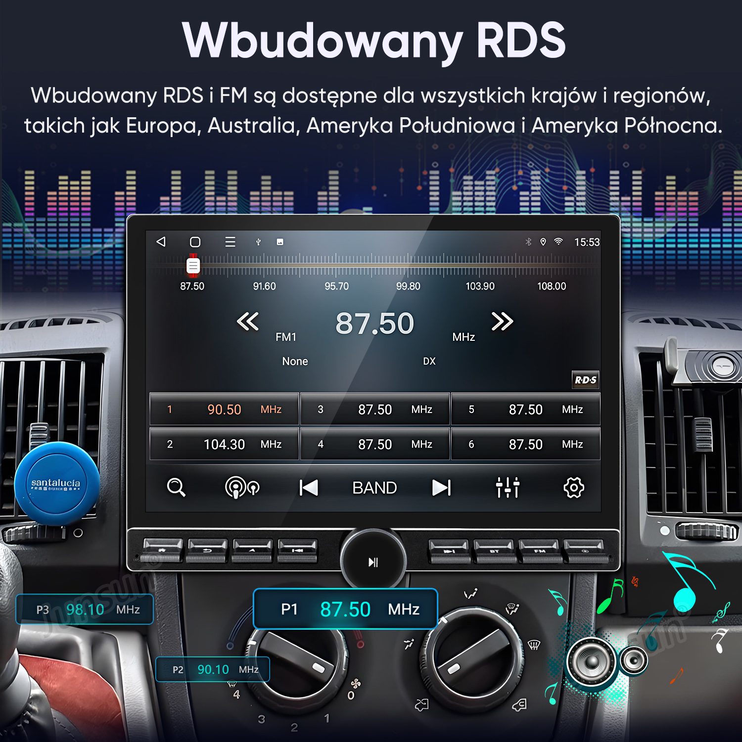 System infotainment samochodu wyświetlający radio RDS/FM i grafiki korektora.
