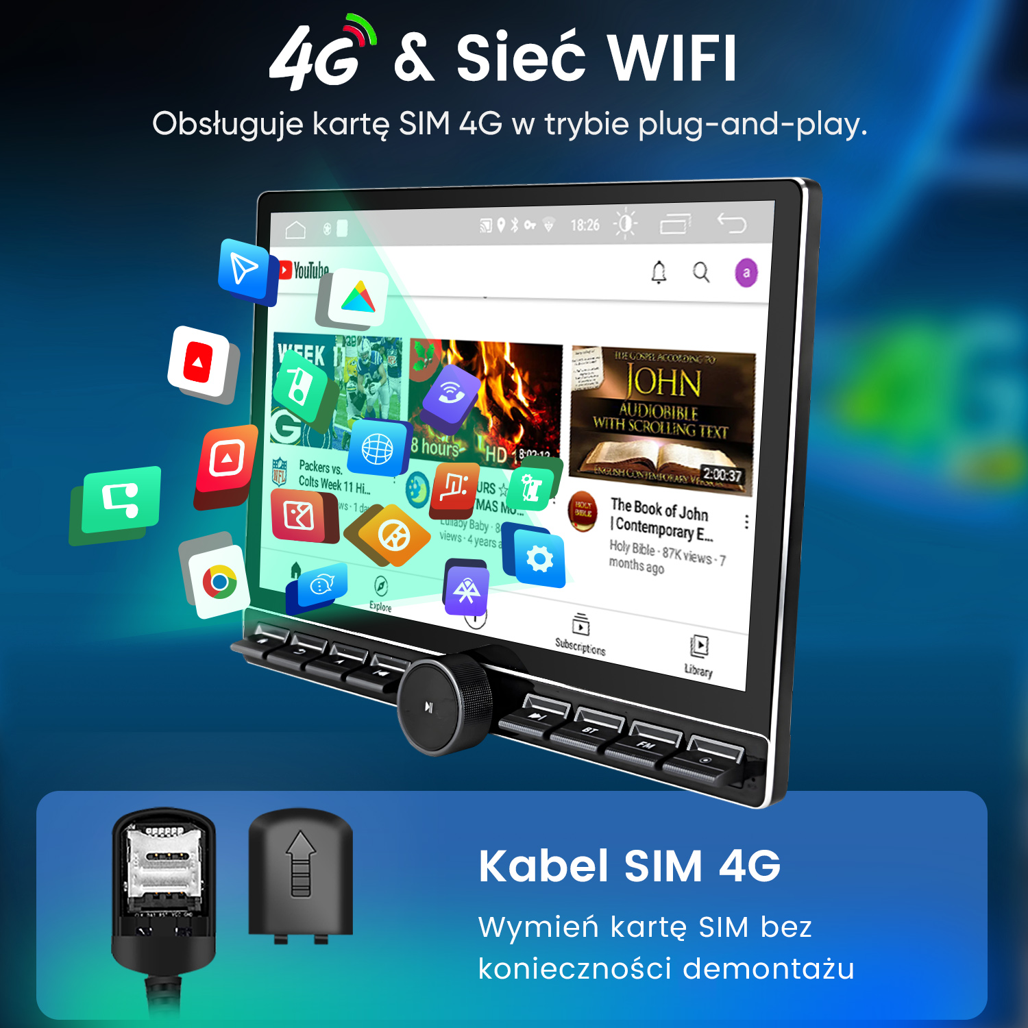 Tablet wyświetla aplikacje, filmy i muzykę. Poniżej adapter karty SIM i kabel SIM 4G.