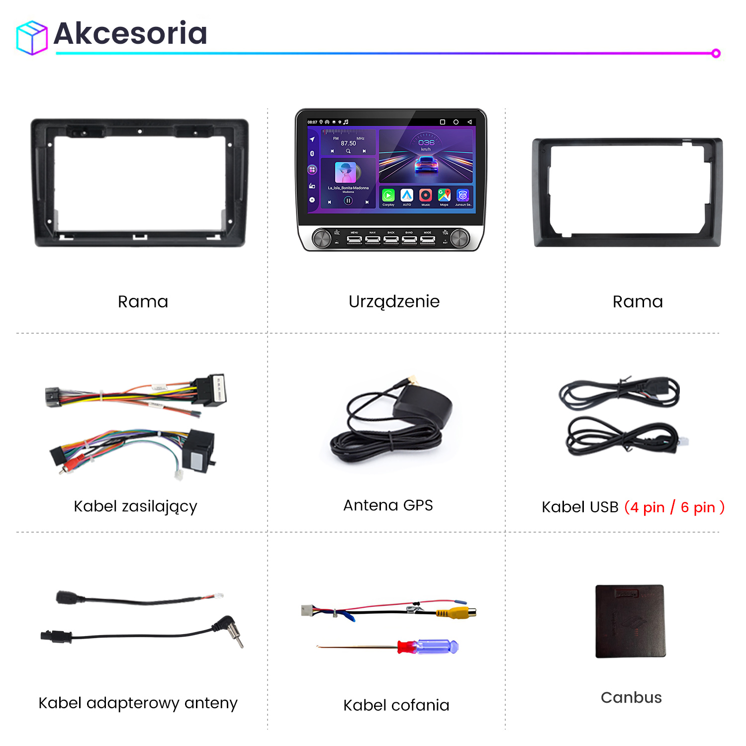 Ramka deski rozdzielczej, wyświetlacz radia samochodowego, ramka deski rozdzielczej, kabel zasilający, antena GPS, kabel USB, kabel adaptera, kabel kamery cofania, Canbus.