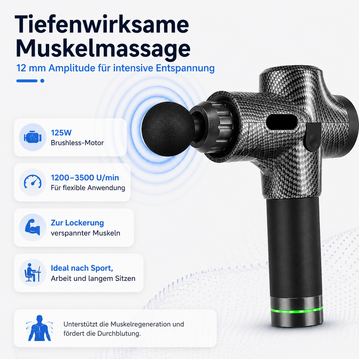 Massagepistole mit 12mm Amplitude für tiefe Muskelmassage und Entspannung.