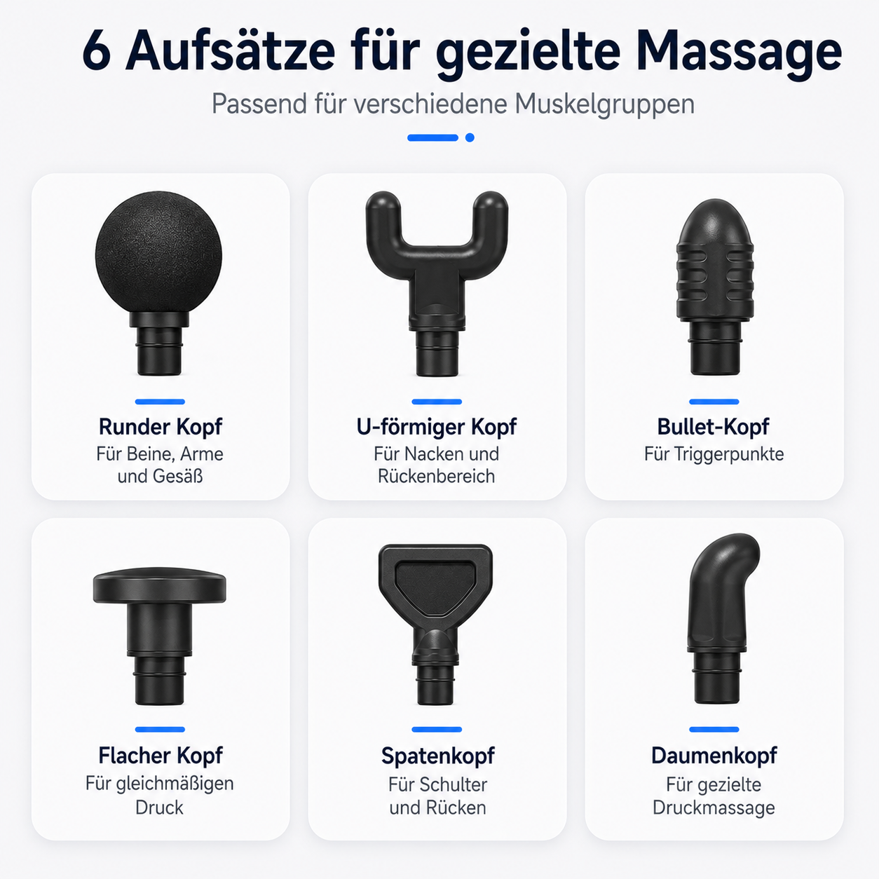 Sechs Massageaufsätze: rund, U-förmig, Bullet, flach, Spaten, Daumen.
