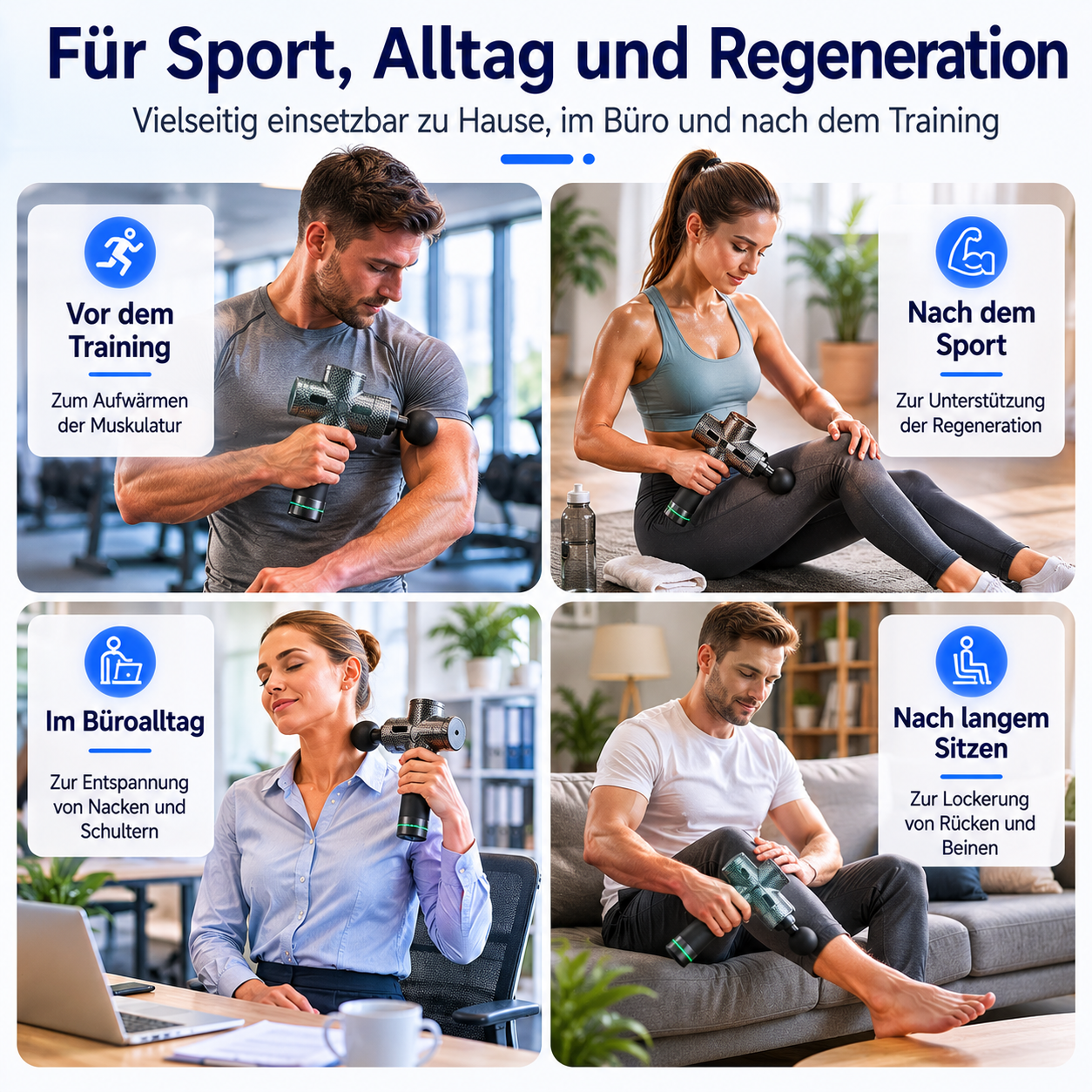 Vier Szenen zeigen Massagepistolen für Sport, Alltag und Regeneration.