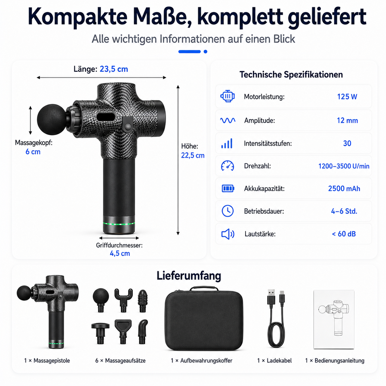 Massagepistole mit technischen Daten, Zubehör und Lieferumfang.