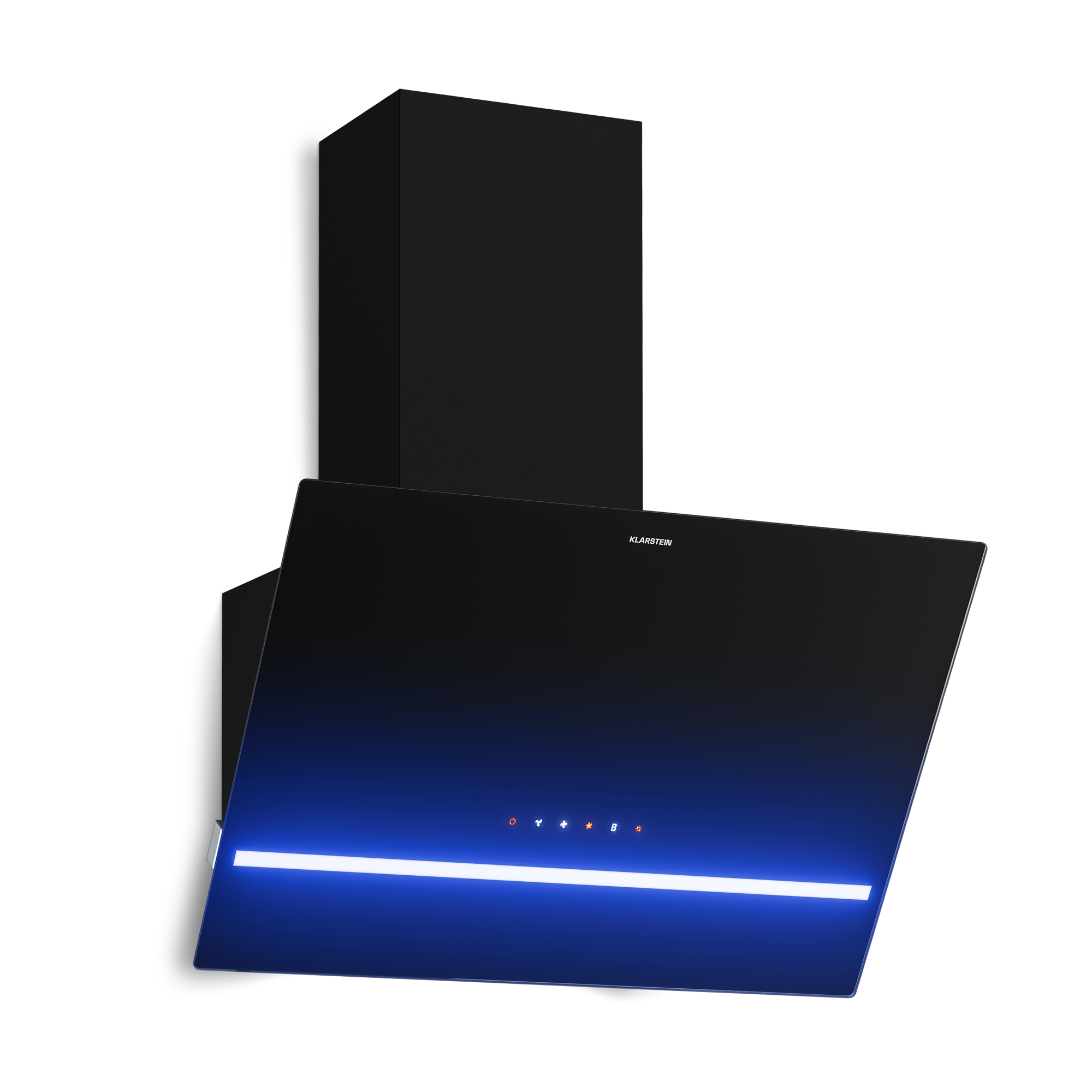 Campana extractora negra con luz LED azul y botones de control.