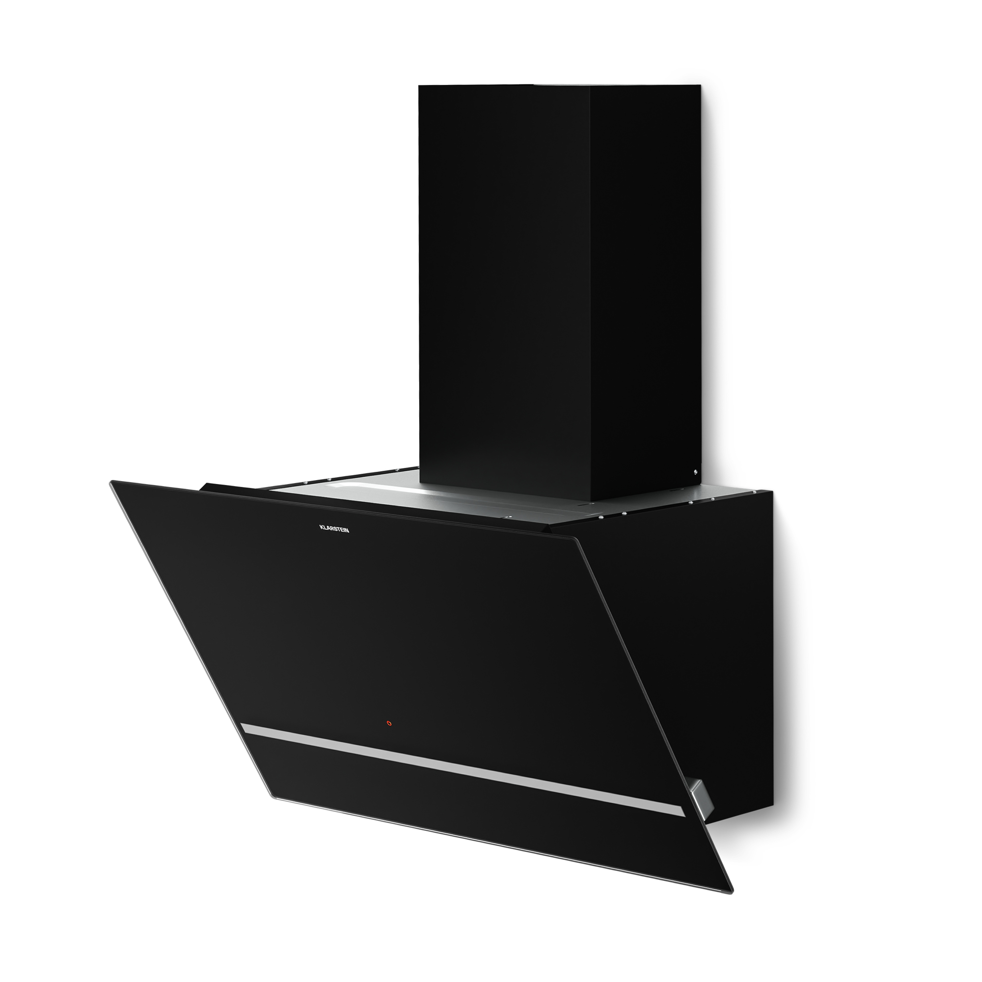 Campana extractora negra de pared con frente de cristal y chimenea.