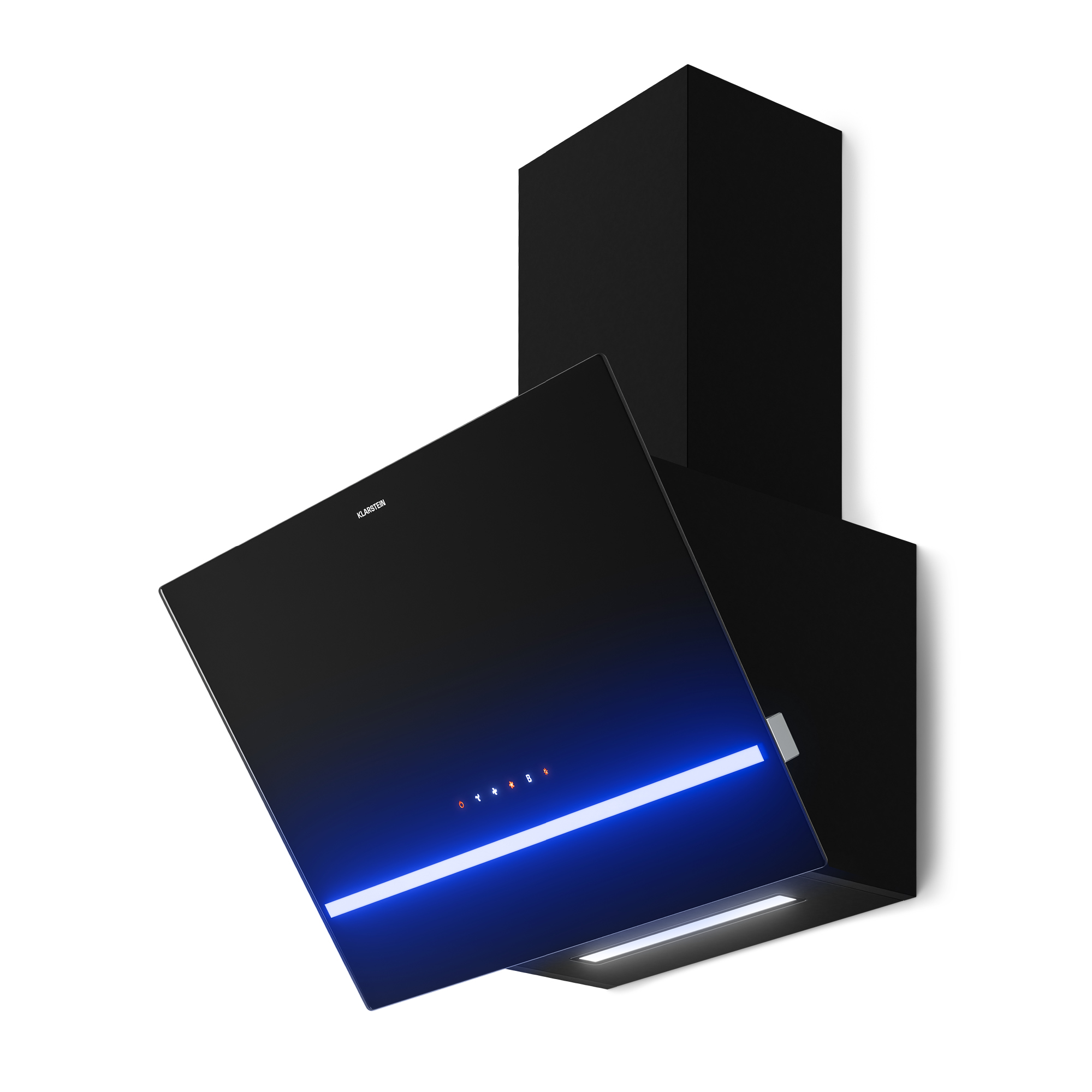 Campana extractora negra con iluminación LED azul y panel táctil.