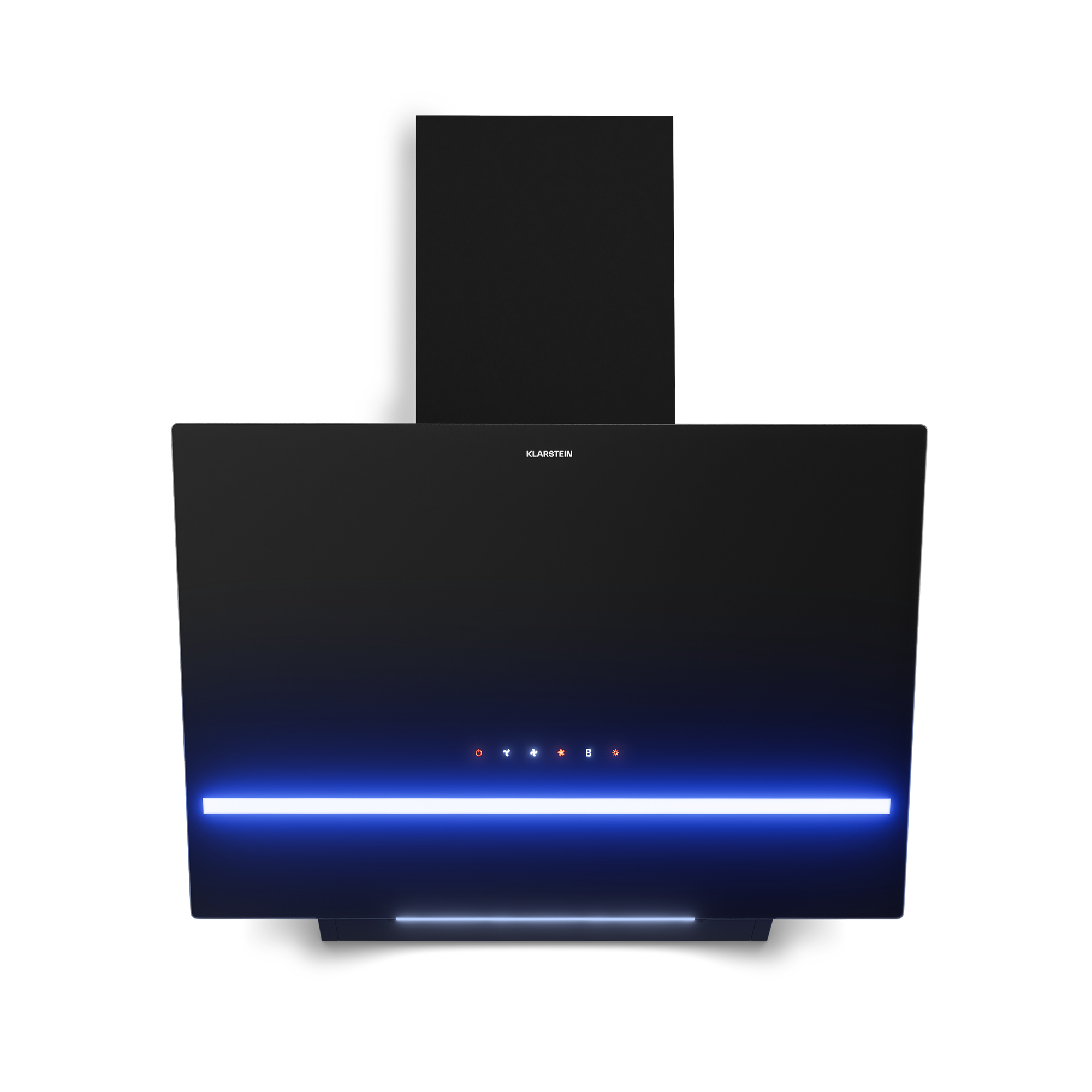 Campana extractora negra con iluminación LED azul y botones de control.