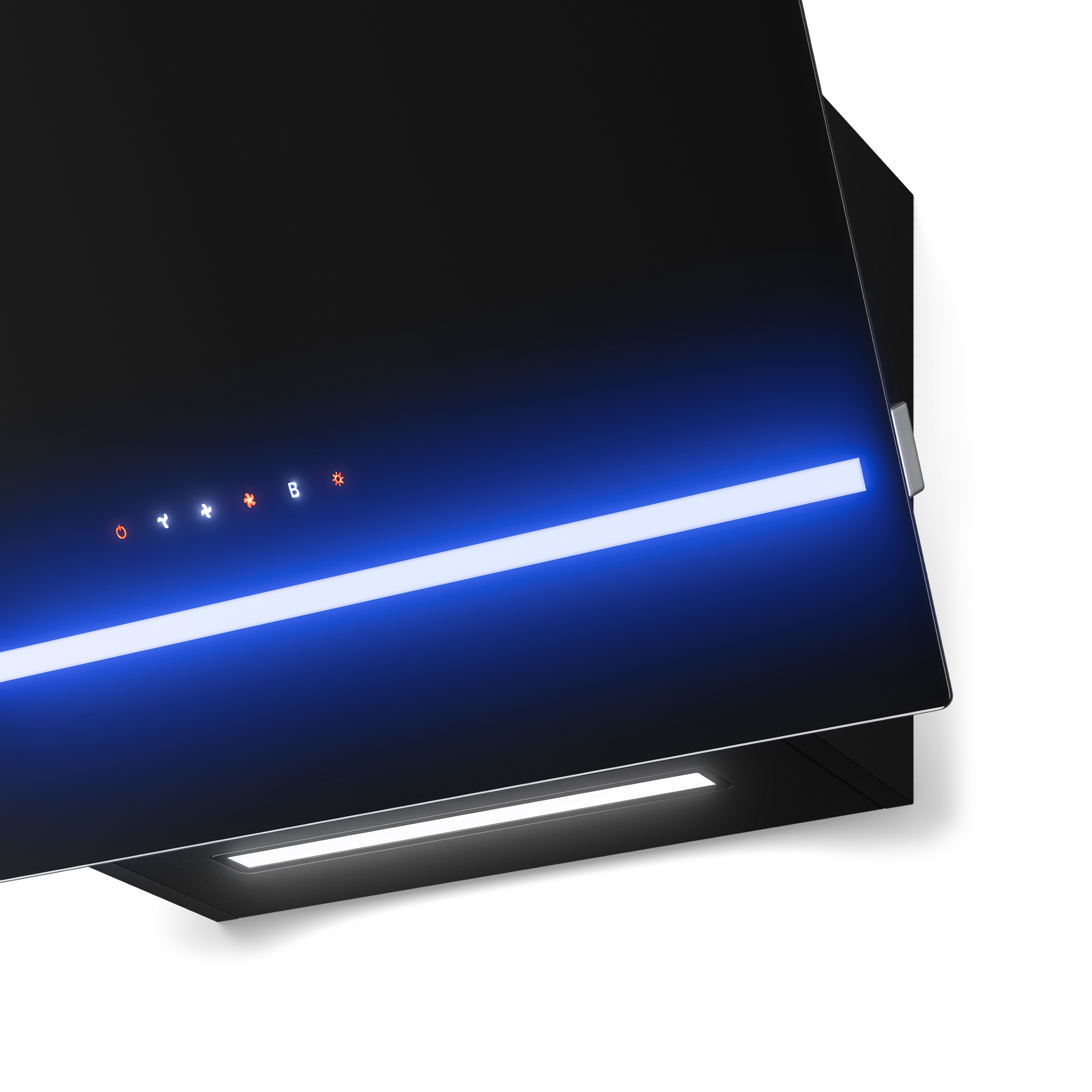 Campana extractora negra con iluminación LED azul y controles táctiles.