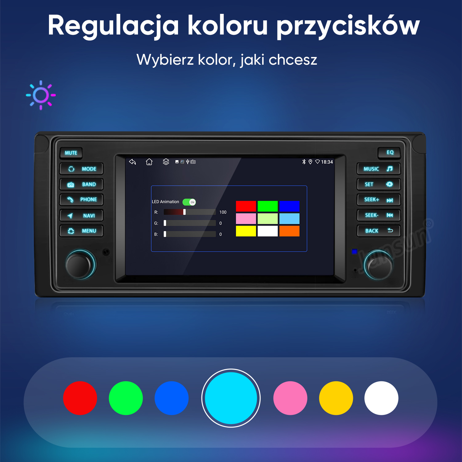 Radio samochodowe z ekranem wyboru koloru i przyciskami.