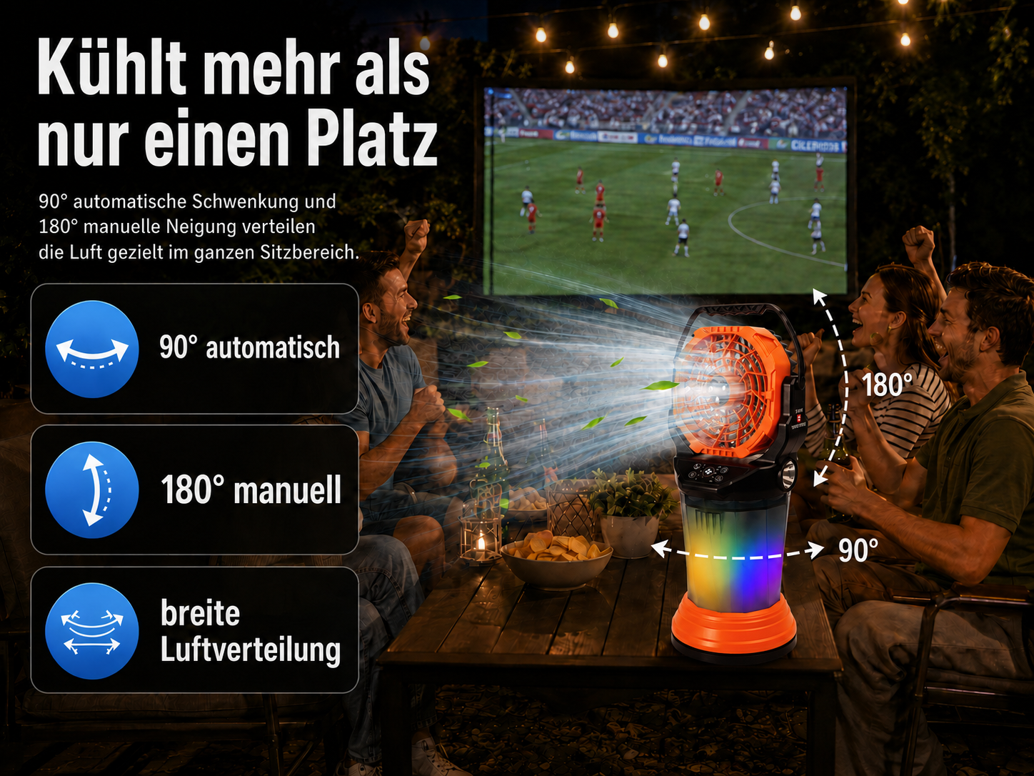 Ein orangefarbener Ventilator kühlt Leute ab, die draußen Fußball schauen.