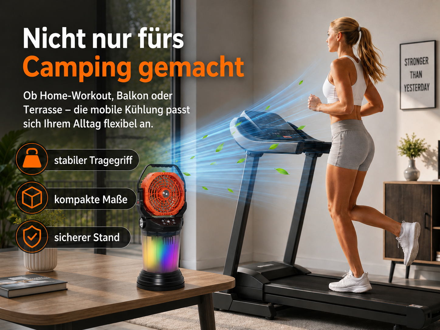 Frau joggt auf Laufband, daneben steht ein bunter Ventilator.