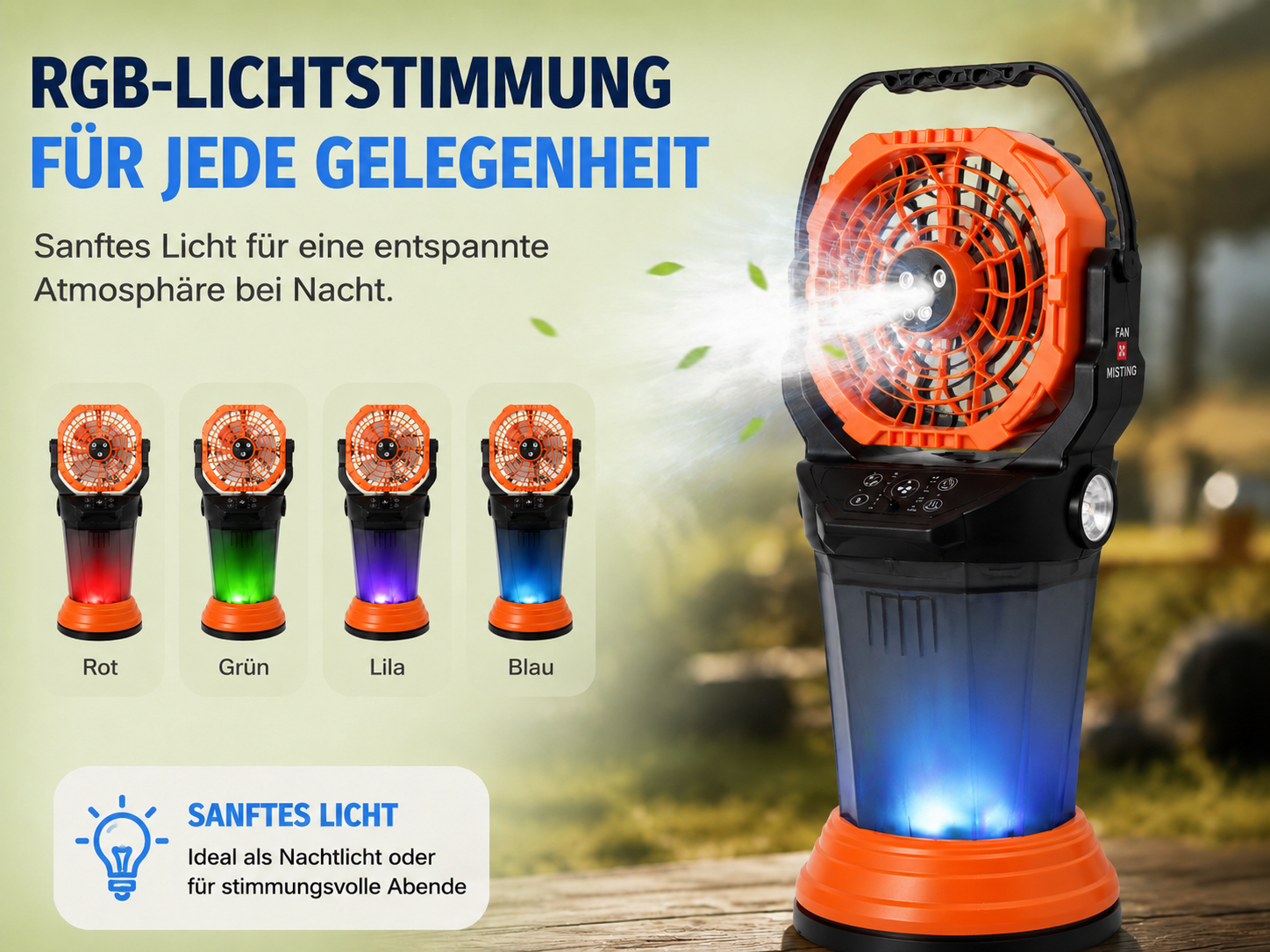 Ein orangefarbener Lüfter mit Nebelfunktion und RGB-Beleuchtung.