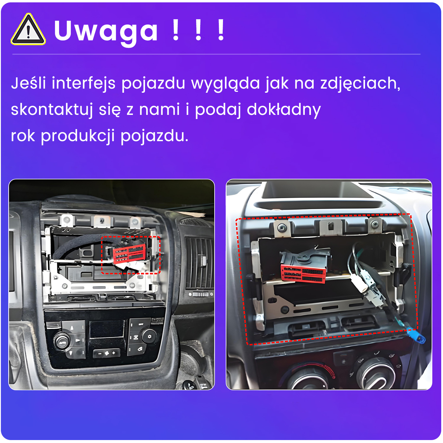 Dwa widoki deski rozdzielczej pojazdu pokazujące złącze radia.