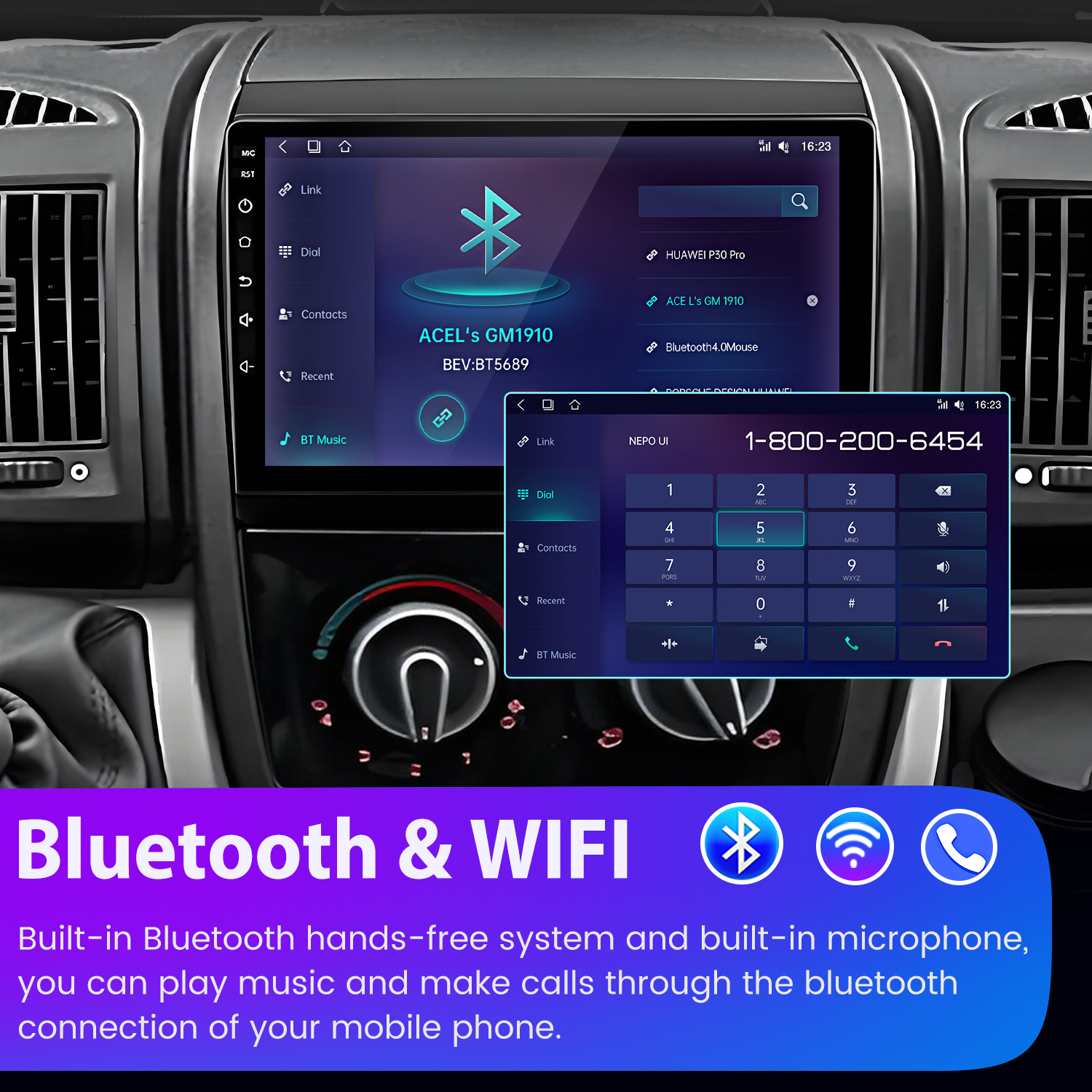 Wnętrze samochodu z ekranem dotykowym pokazującym funkcje Bluetooth i wybierania numeru.