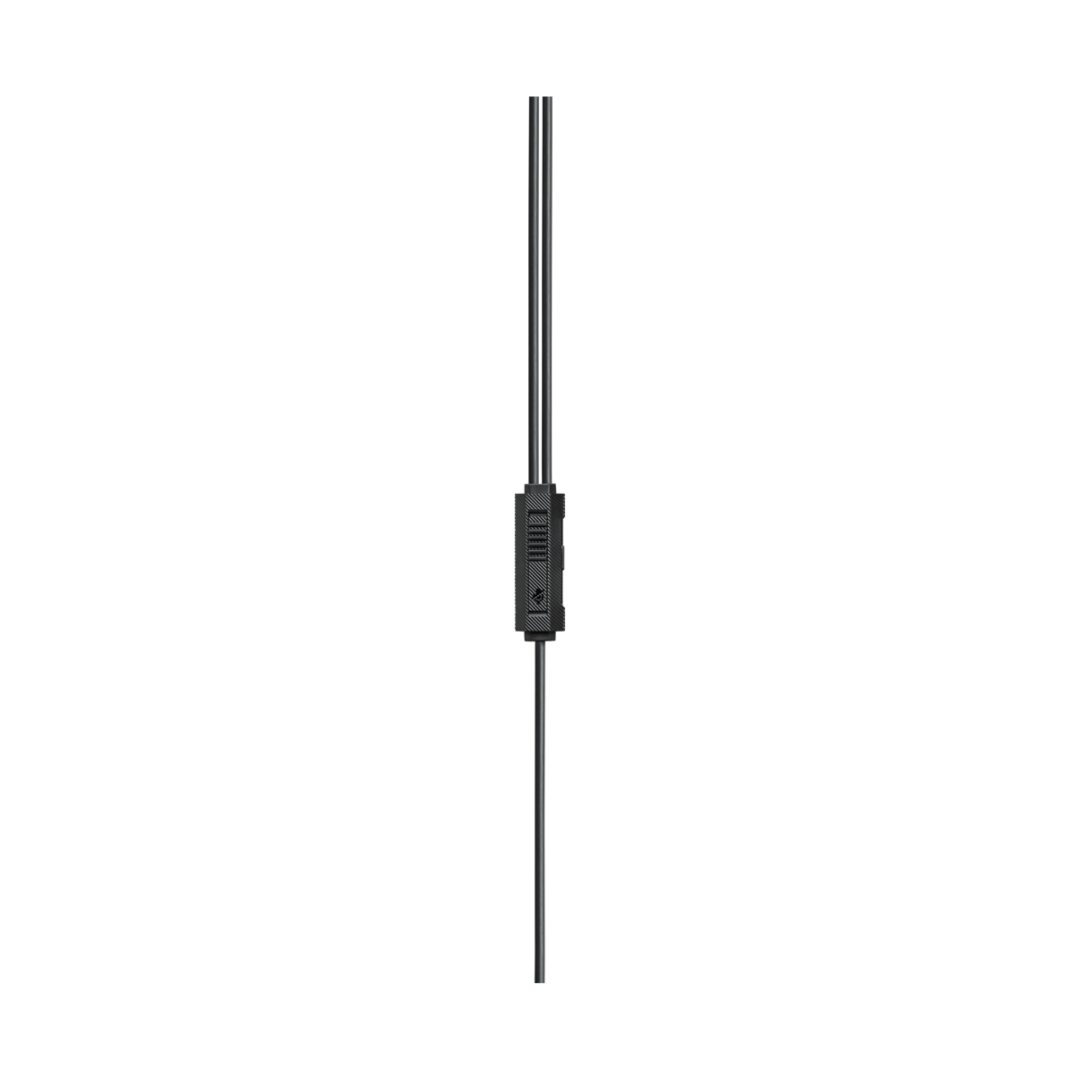 Auricolare nero con telecomando in linea e microfono.