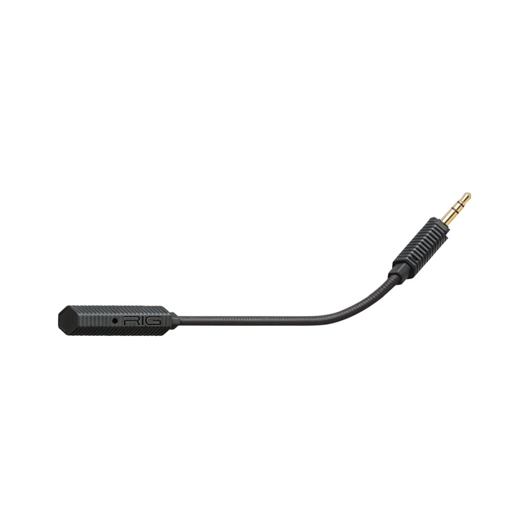 Un cavo audio nero con spina da 3,5 mm e logo RIG sull'altra estremità.