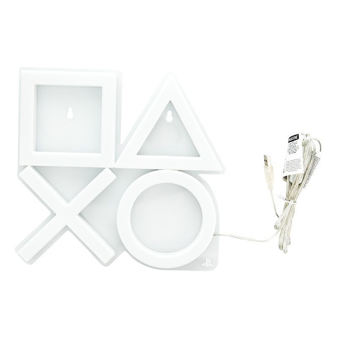 Białe światło z symbolami przycisków PlayStation, z kablem USB i metką.