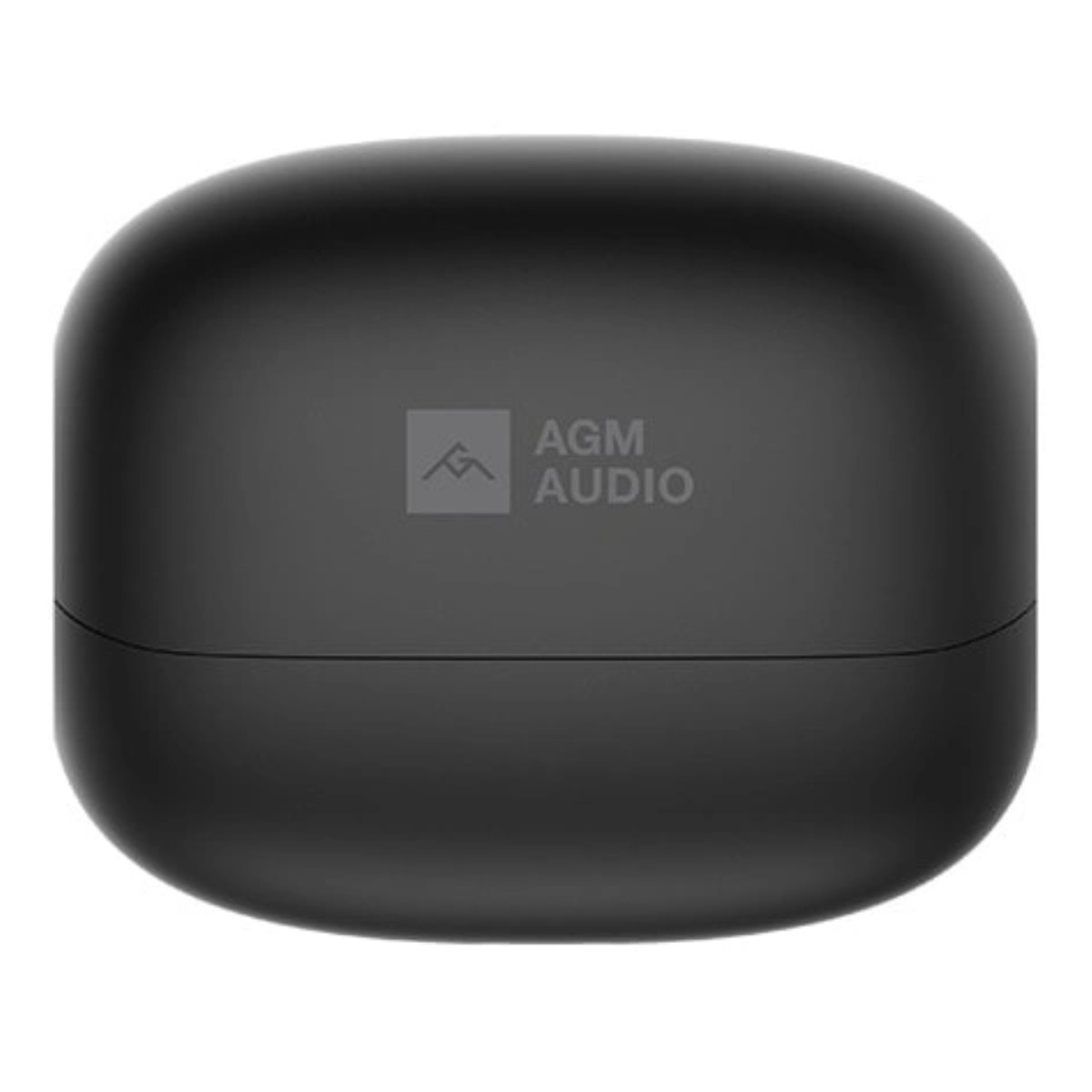 Custodia di ricarica nera con logo AGM AUDIO. Design liscio.