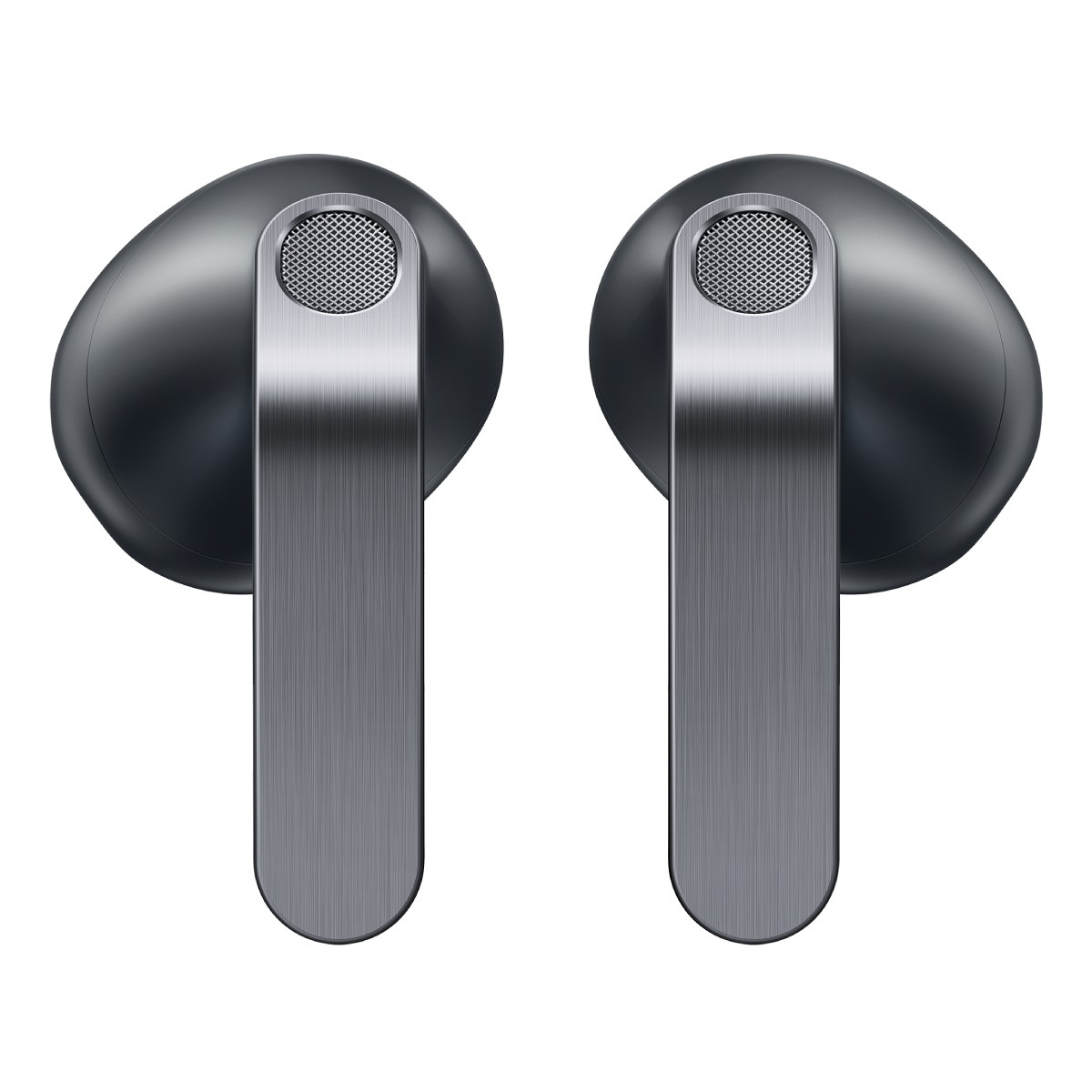 Due auricolari wireless scuri con steli argentati su sfondo bianco.