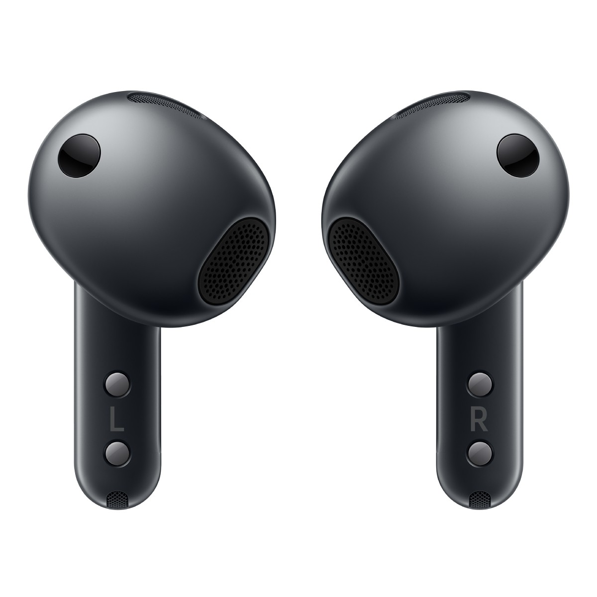Una coppia di auricolari wireless scuri con marchi L e R su sfondo bianco.
