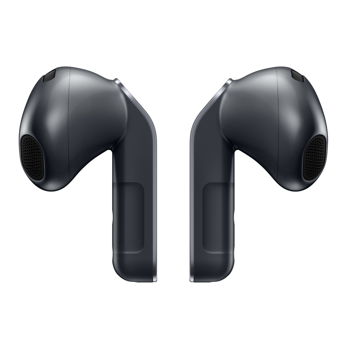 Due auricolari wireless neri uno accanto all'altro, sfondo bianco.