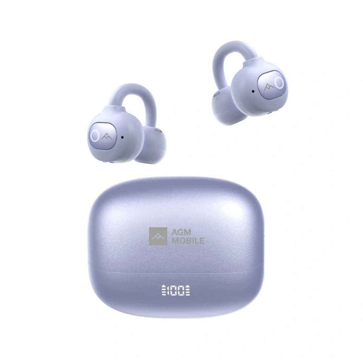 Un paio di auricolari wireless lavanda e custodia di ricarica abbinata con logo AGM MOBILE.