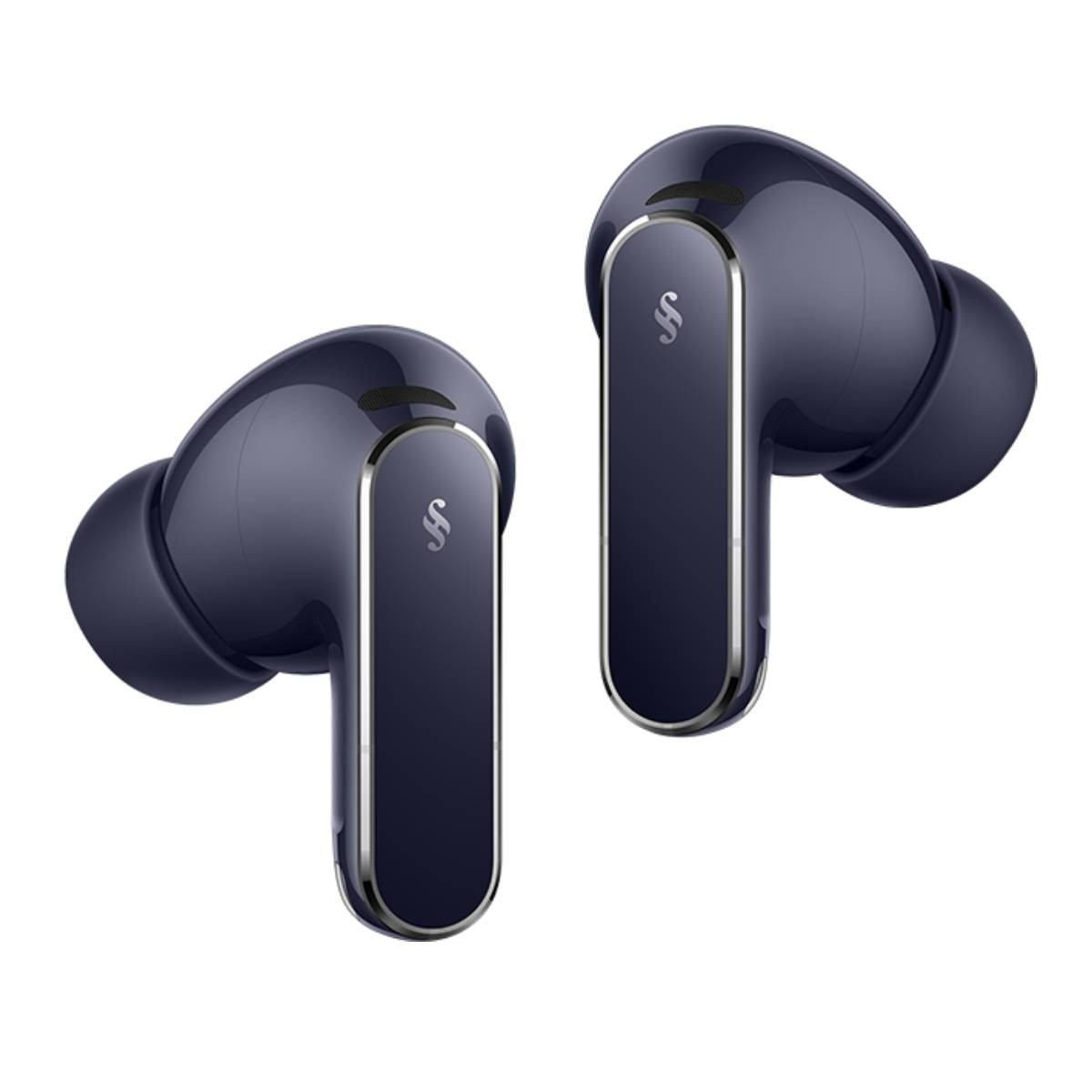 Due auricolari wireless blu scuro con accenti argentati e logo su sfondo bianco.
