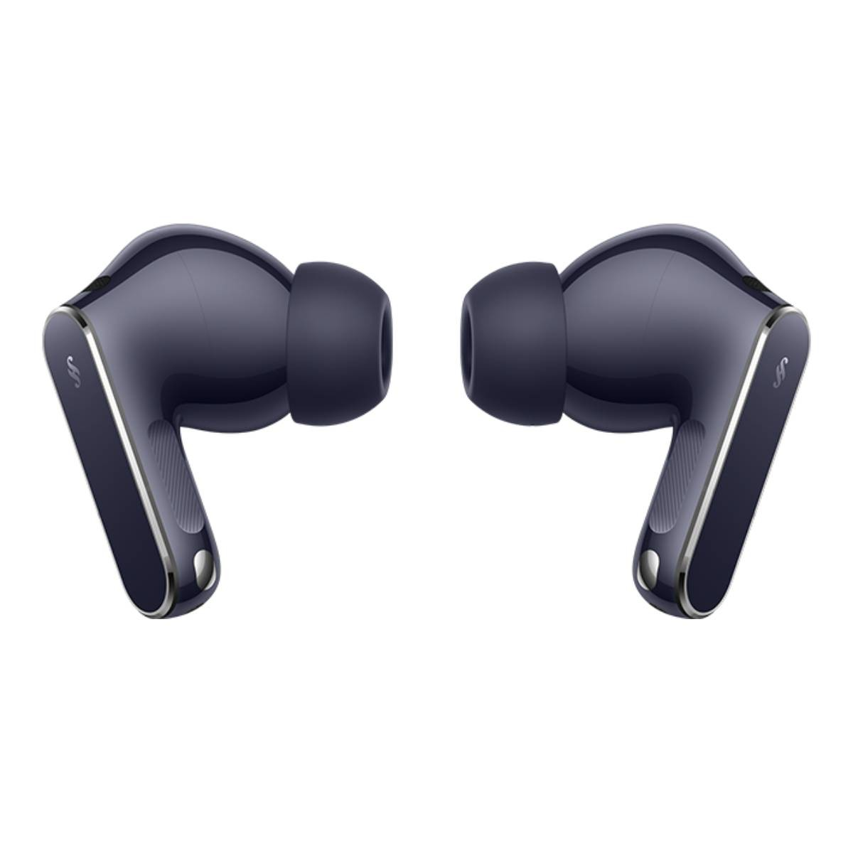 Due auricolari wireless blu scuro con accenti argentati su sfondo bianco.