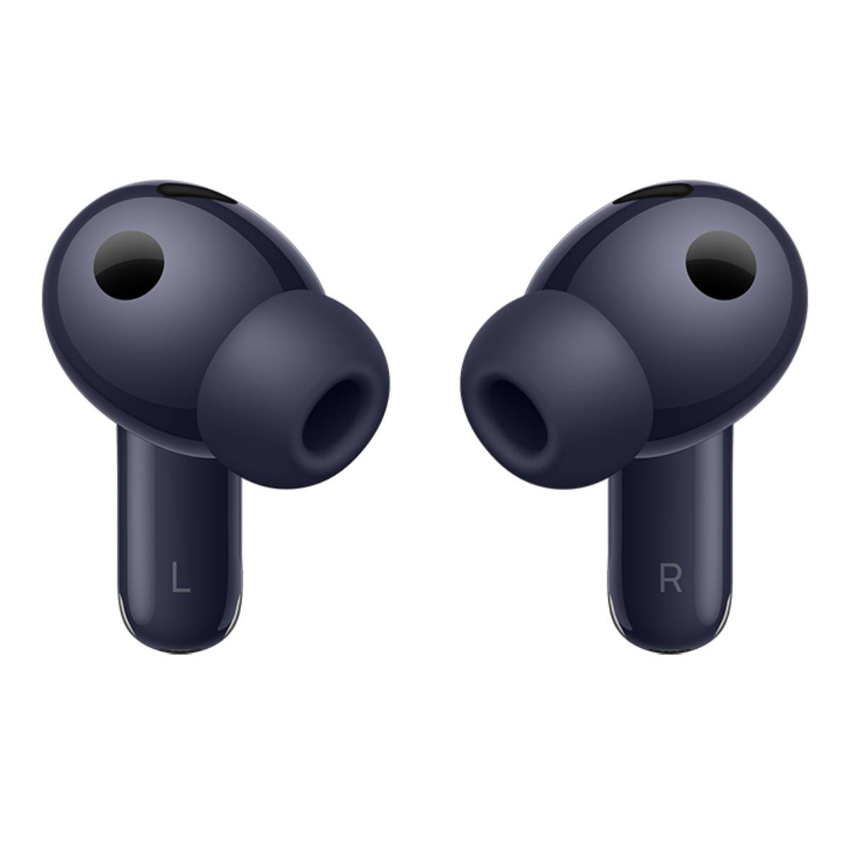 Due auricolari wireless blu scuro con punte in silicone, etichettati L e R.