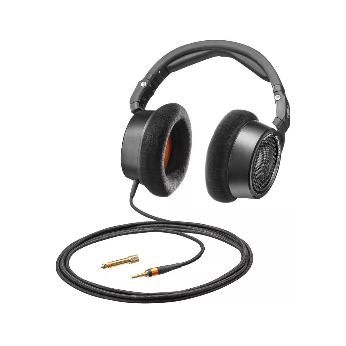 Cuffie over-ear nere con cavo e due connettori dorati su sfondo bianco.