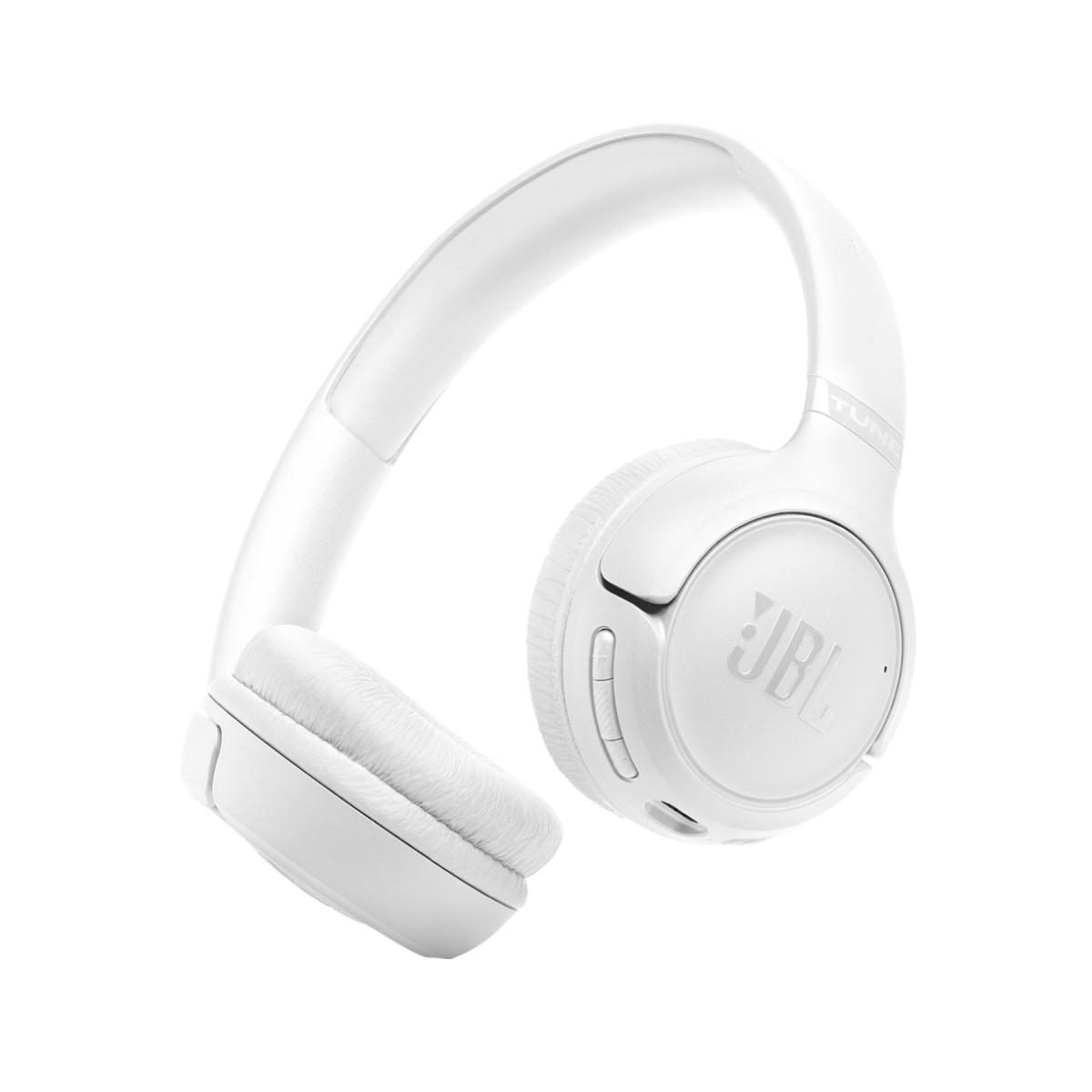 Cuffie JBL bianche sovraurali con morbidi padiglioni e pulsanti visibili.