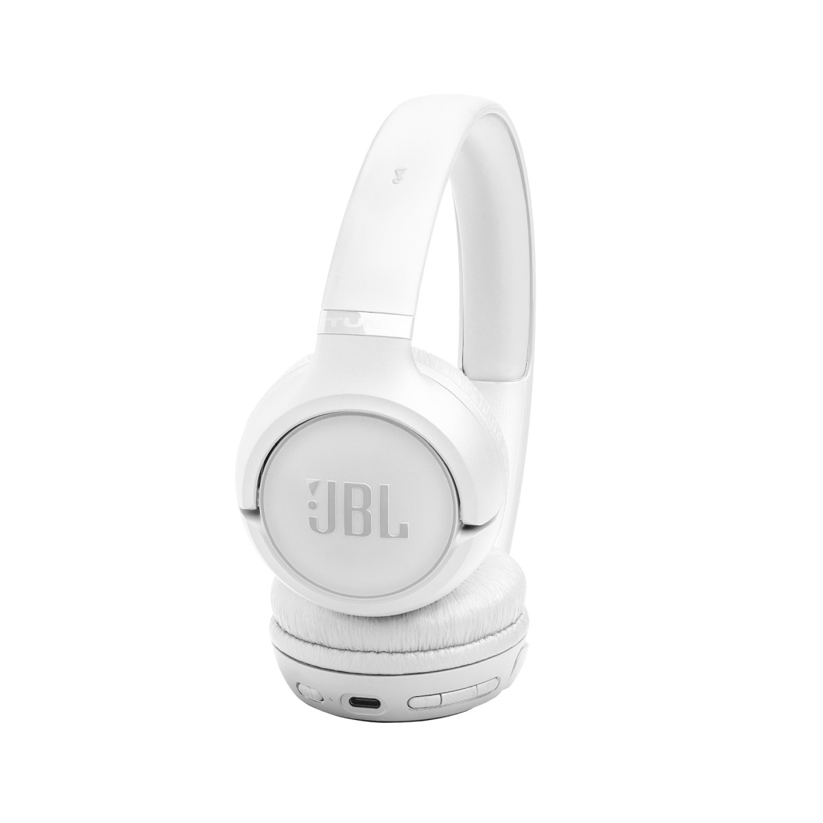 Cuffie JBL bianche con paraorecchie e fascia imbottiti.
