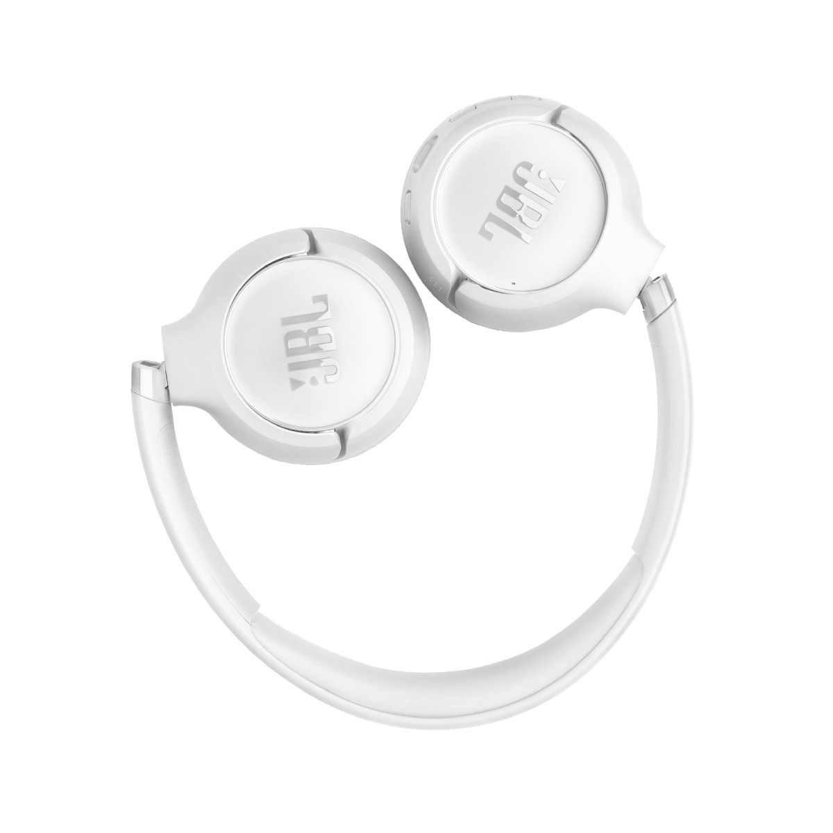 Cuffie JBL bianche con archetto imbottito su sfondo bianco.