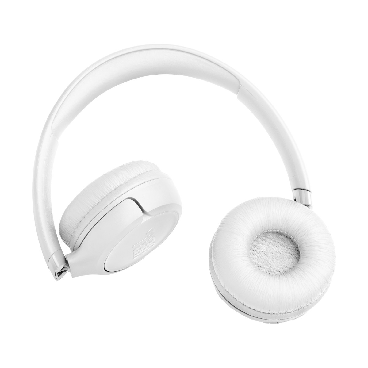 Cuffie bianche sovraurali con padiglioni morbidi e archetto regolabile, isolate su bianco.