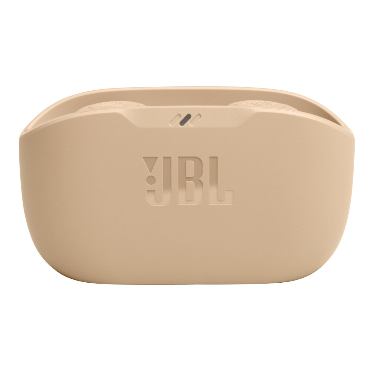 Una custodia di ricarica JBL color cachi per auricolari è mostrata chiusa su sfondo bianco.