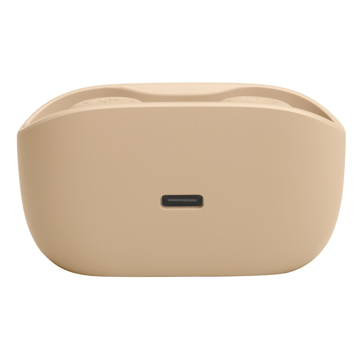 Una custodia di ricarica beige per auricolari con porta USB-C.
