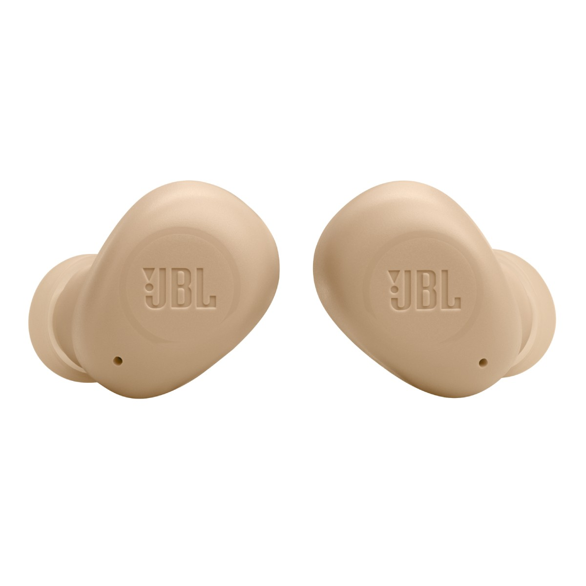 Due auricolari JBL beige, uno accanto all'altro su sfondo bianco.