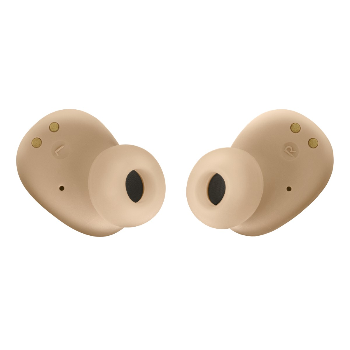 Un paio di auricolari beige, contrassegnati L e R.