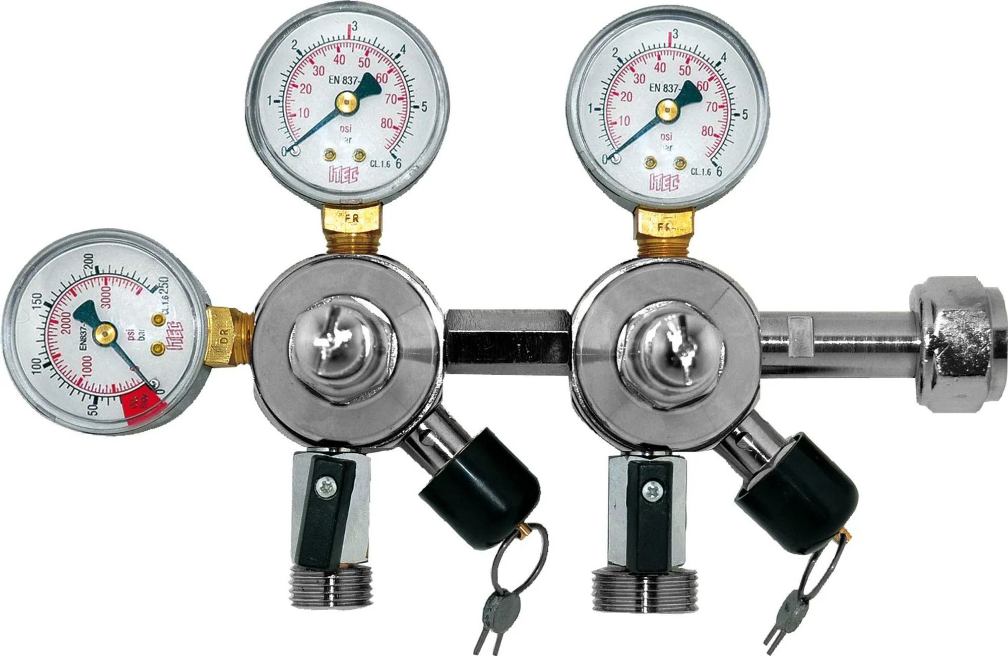 A pressure regulator with three gauges and connectors. Silver and black.