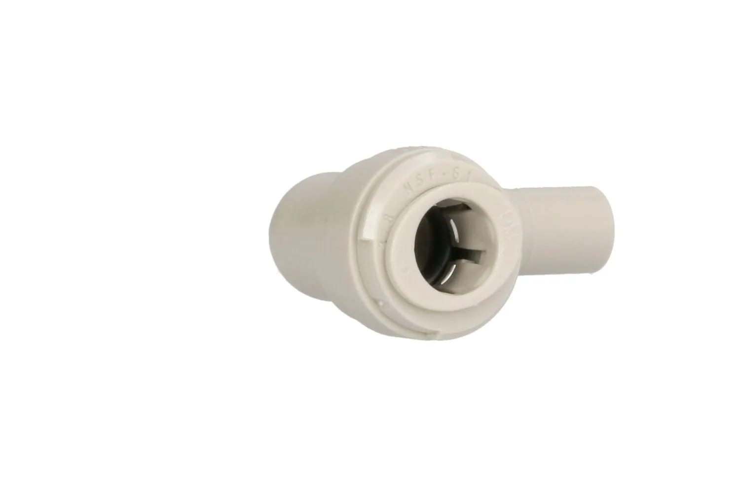 A beige plastic connector with NSF-61 marking, isolated on white.