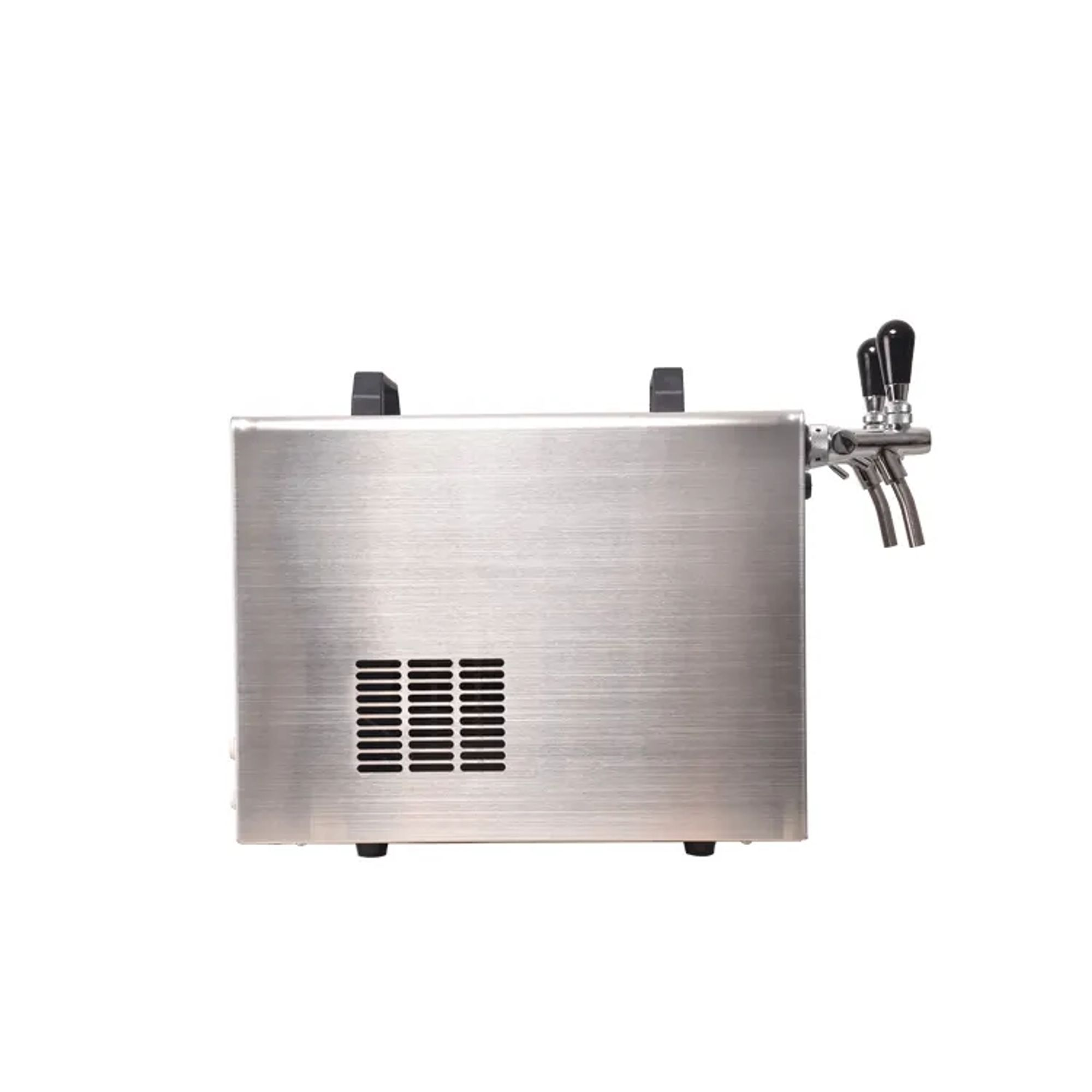 A silver beer dispenser with two taps and ventilation slots.