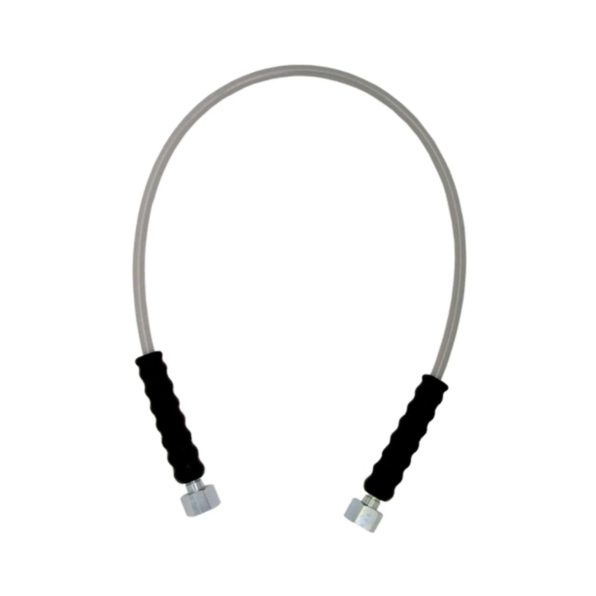 A gray hose with black handles and metal connectors.