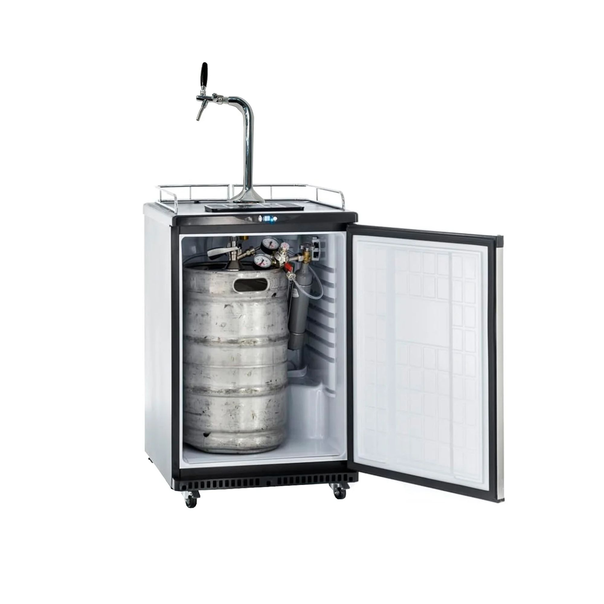 Beverage cooler with tap, holding a silver keg and gas cylinder. Door open.