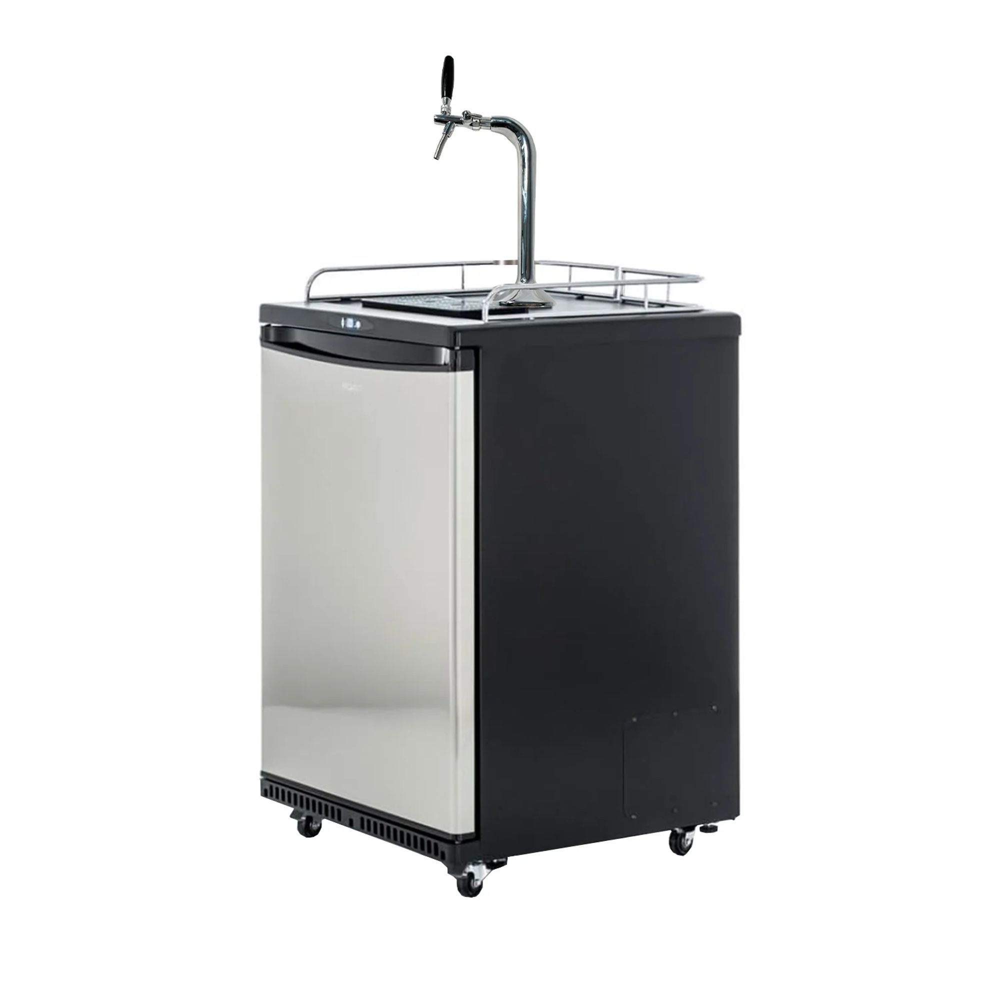 A black kegerator with a chrome tap and stainless steel door on casters.