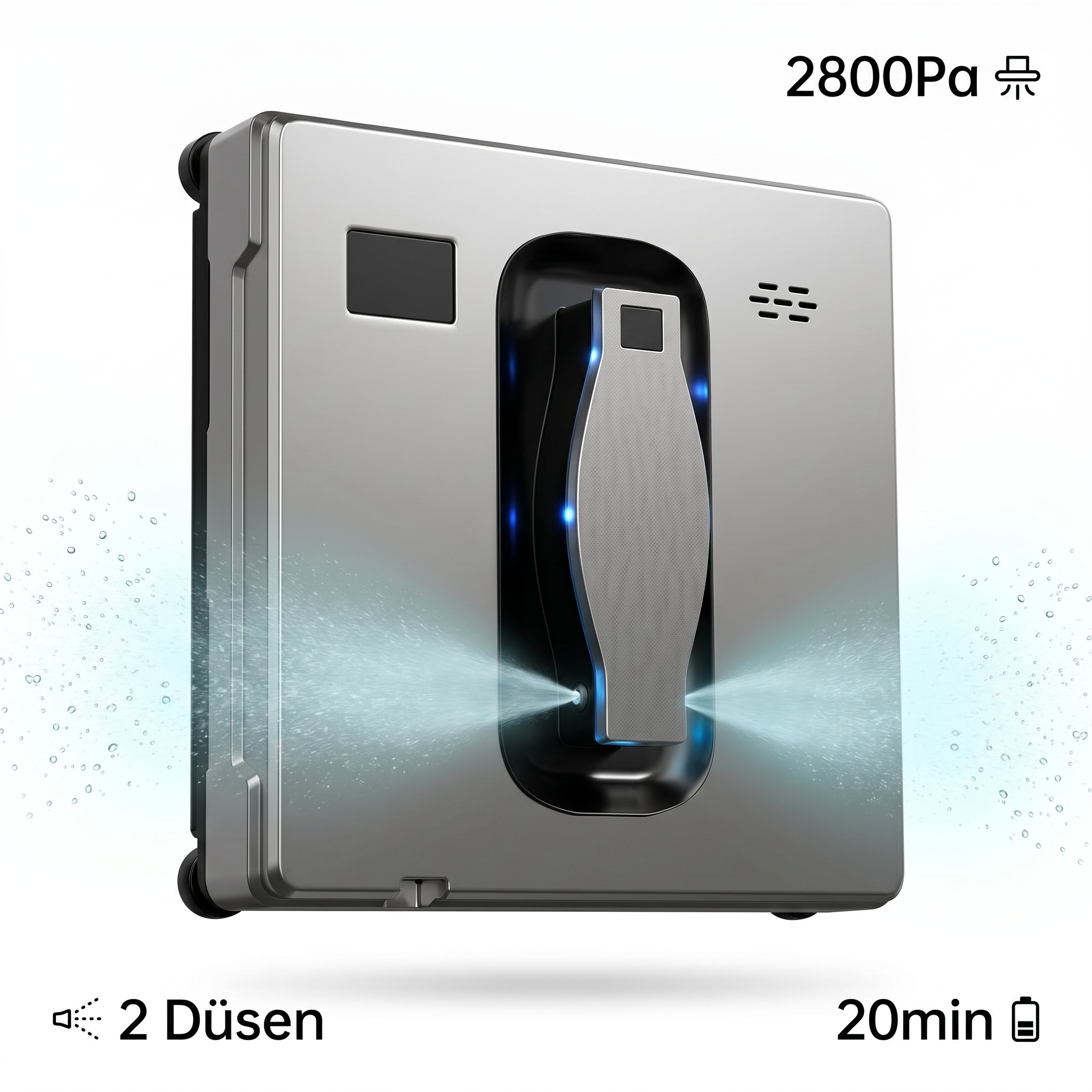 Ein silberner Fensterreinigungsroboter sprüht Wasser. 2 Düsen, 20 Min. Akku.