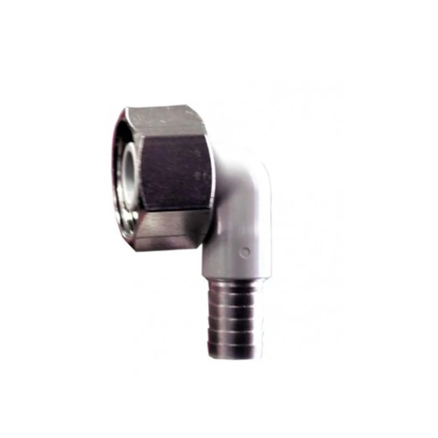 A 90-degree pipe fitting with a hexagonal nut connector and a ribbed hose barb connector.